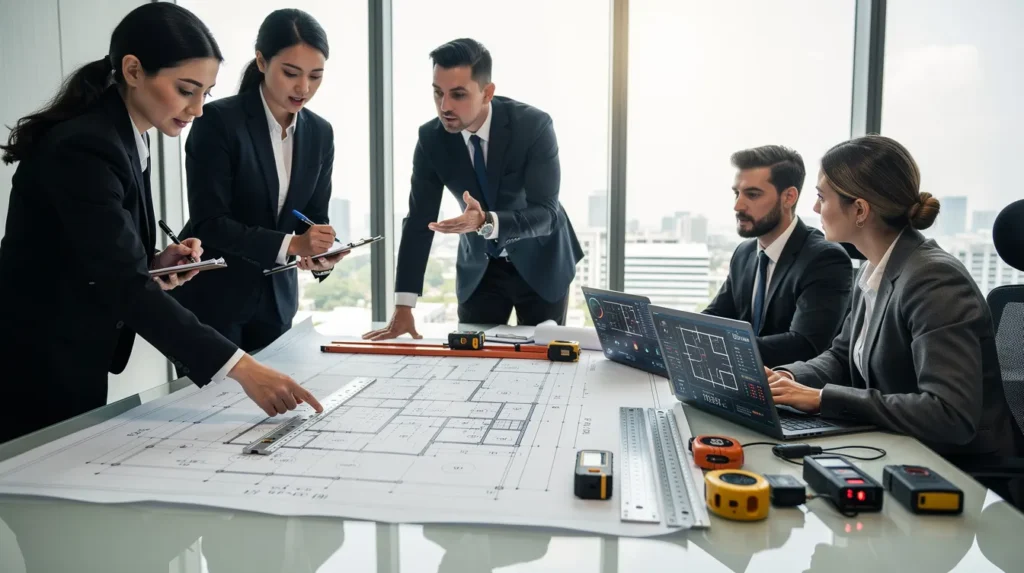 Une équipe de professionnels discutant du mesurage des surfaces dans un espace commercial, avec des plans et des outils de mesure sur la table.