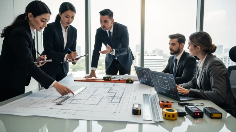 Une équipe de professionnels discutant du mesurage des surfaces dans un espace commercial, avec des plans et des outils de mesure sur la table.
