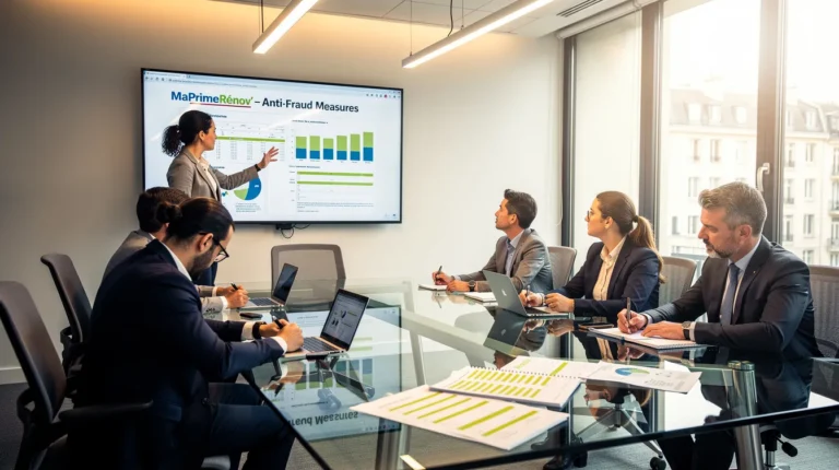 Cinq professionnels réunis dans un bureau moderne discutant des mesures anti-fraude liées à MaPrimeRénov', avec des documents et un écran de présentation.