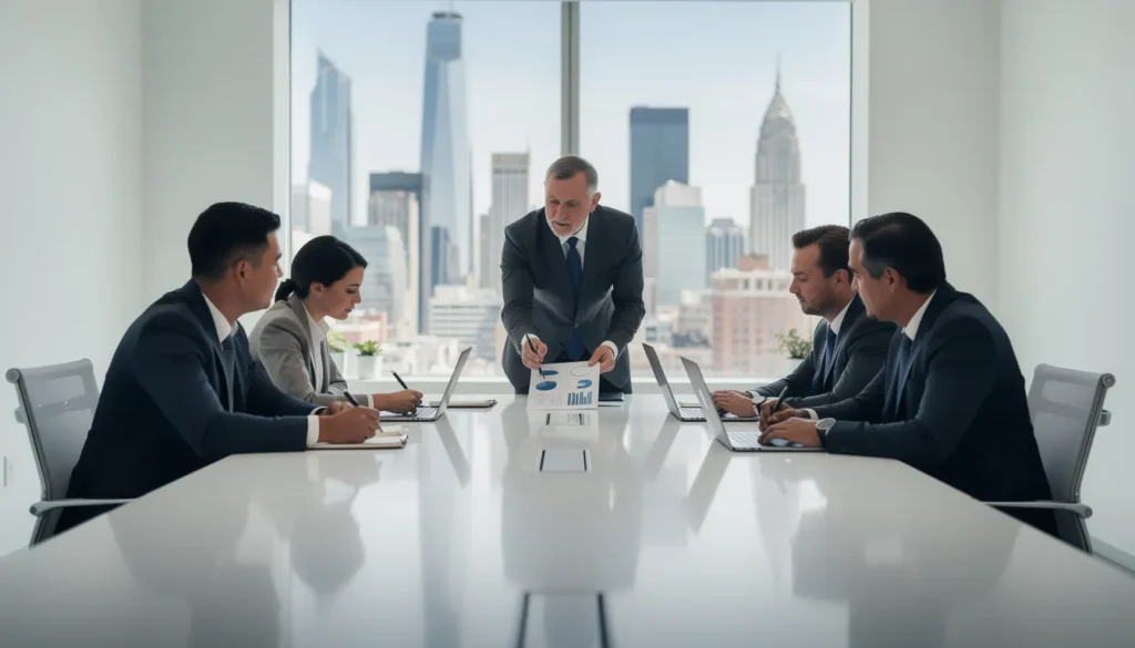 Cinq professionnels en tenue formelle discutant des mises à jour des états des risques dans un bureau moderne, représentant l'expertise en conformité immobilière.