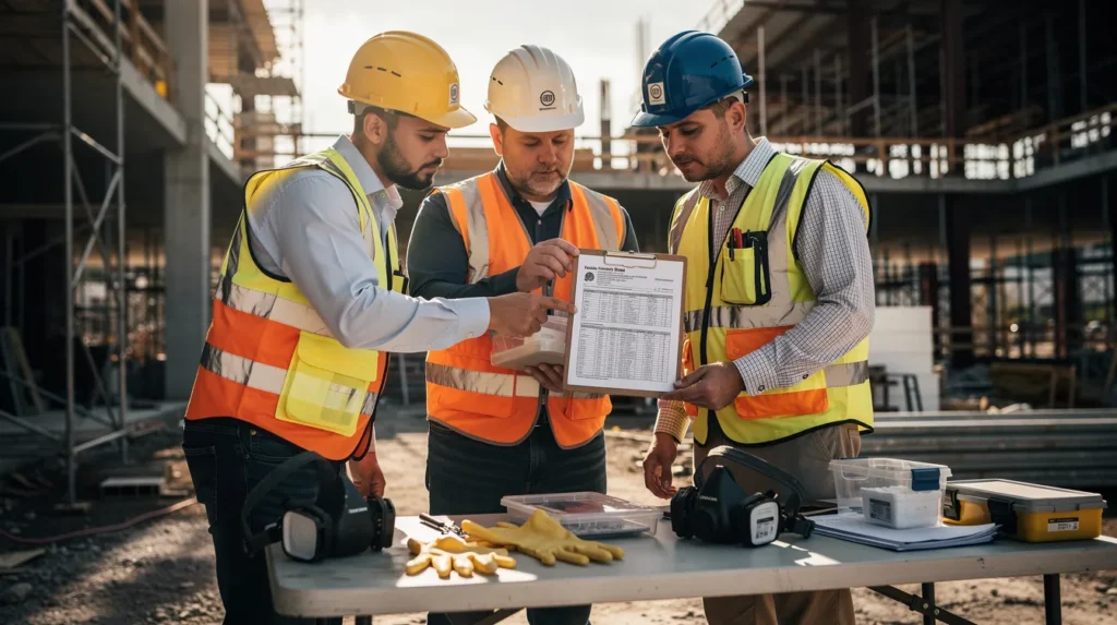 Trois professionnels en train d'examiner un rapport de test d'amiante sur un chantier de construction, portant des équipements de protection, mettant en avant l'importance de la sécurité face aux risques d'exposition à l'amiante.