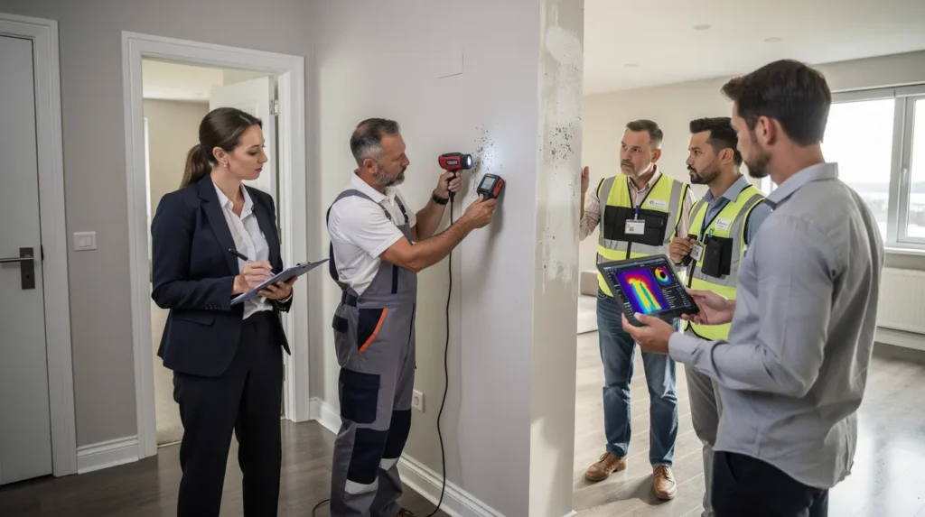 Groupe de cinq professionnels en train d'inspecter un bâtiment résidentiel pour un diagnostic, avec un technicien utilisant des outils spécialisés pour vérifier la présence de moisissure.