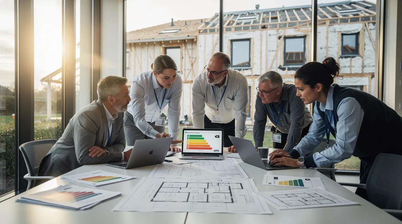 Une équipe de cinq professionnels inspectant un immeuble résidentiel pour un diagnostic de performance énergétique, réunis autour d'une table avec des ordinateurs portables et des documents.