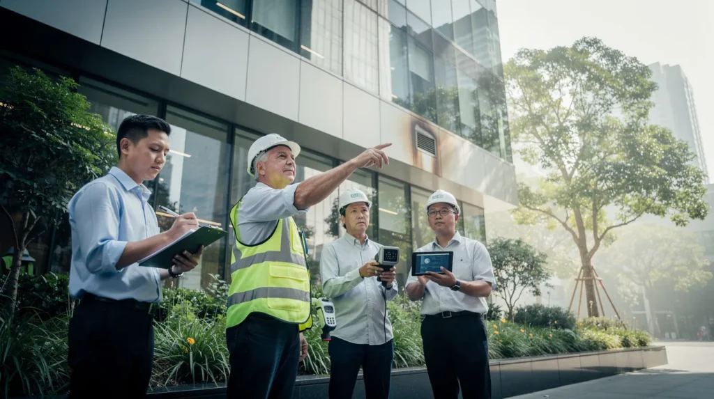 Cinq professionnels inspectant un immeuble urbain pour évaluer des risques environnementaux, axés sur la pollution et le changement climatique, dans un cadre moderne et lumineux.