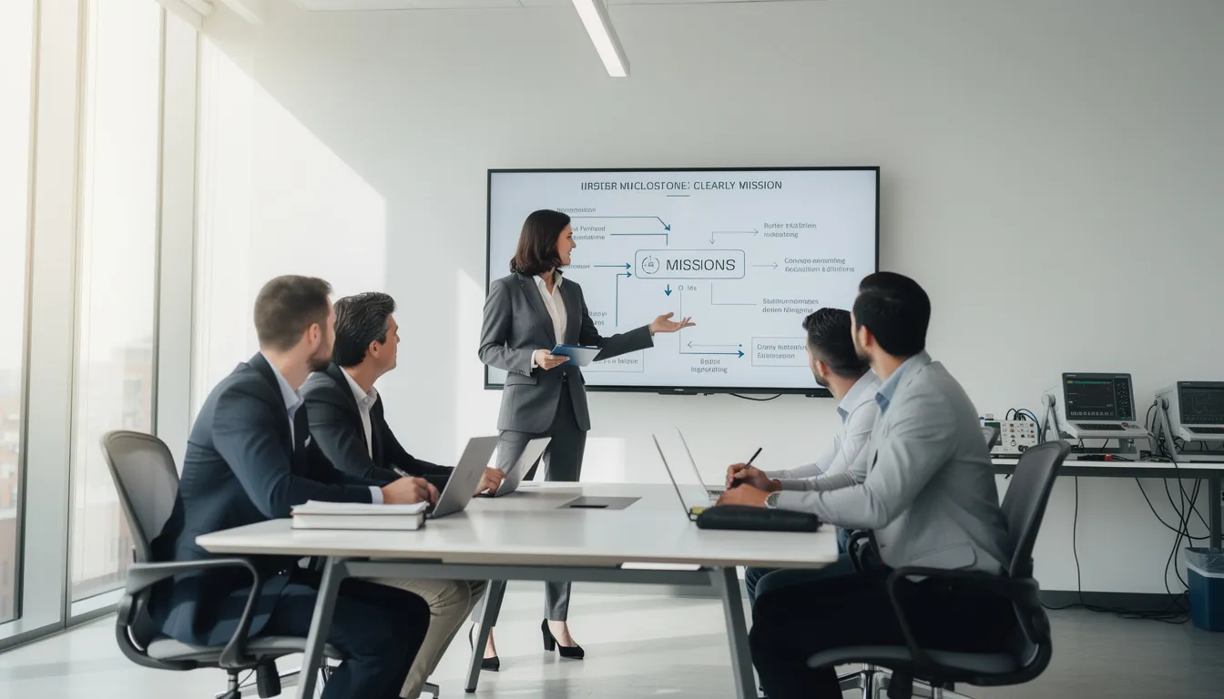 Quatre professionnels dans un bureau lumineux discutant d'un rapport sur les diagnostics non obligatoires, avec des outils de diagnostic en arrière-plan.