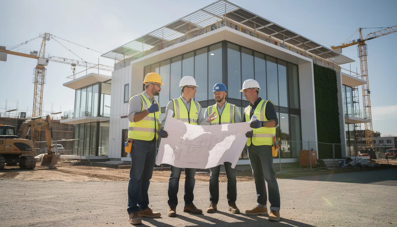 Équipe de cinq professionnels vêtus de vêtements de sécurité inspectant un bâtiment énergétiquement efficace en construction, examinant des plans et discutant.
