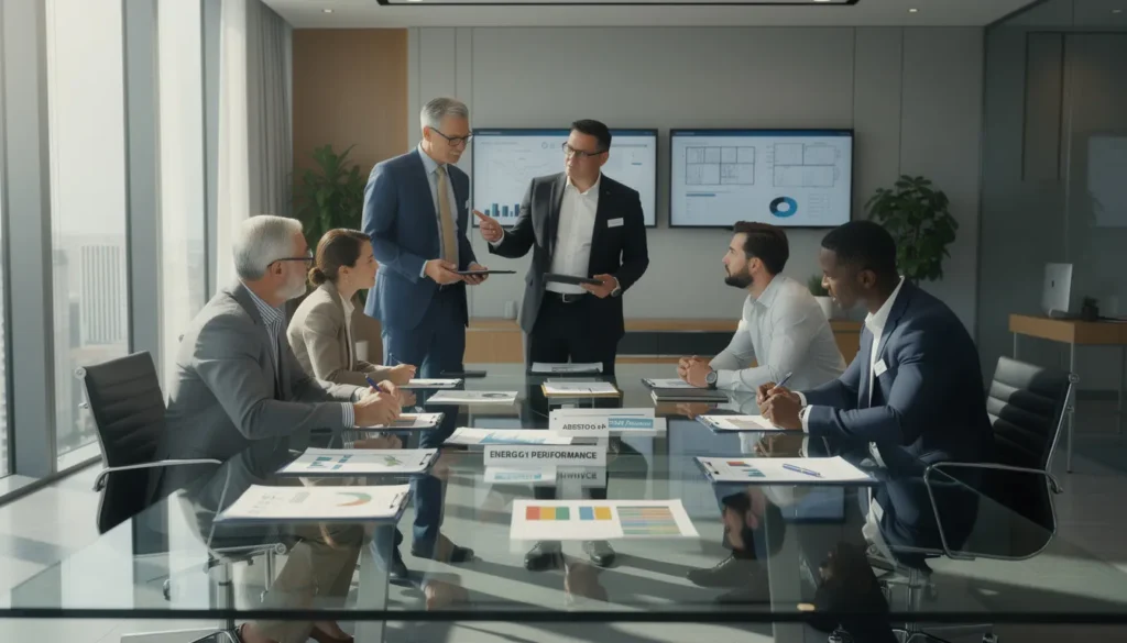 Cinq professionnels du diagnostic immobilier en discussion sur les processus de certification dans un bureau moderne, avec des documents sur les diagnostics comme le DPE et l'amiante.