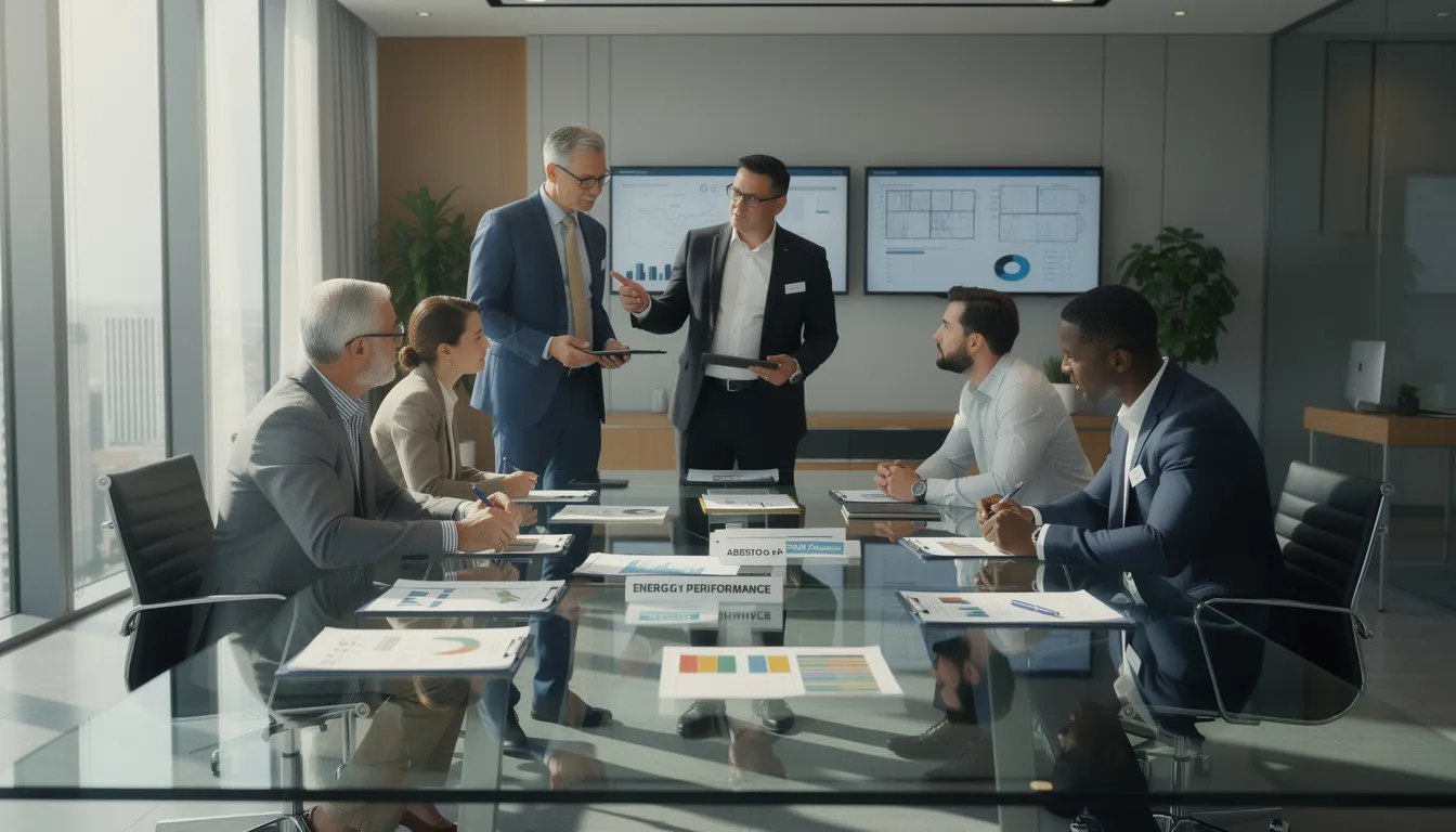 Cinq professionnels du diagnostic immobilier en discussion sur les processus de certification dans un bureau moderne, avec des documents sur les diagnostics comme le DPE et l'amiante.