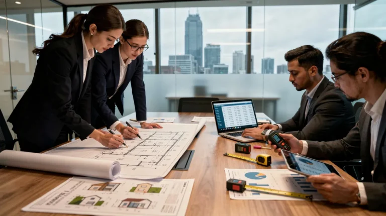 Cinq professionnels dans un bureau moderne en train d'examiner des rapports de mesurage immobilier, mettant en évidence l'importance de la précision dans le diagnostic immobilier.