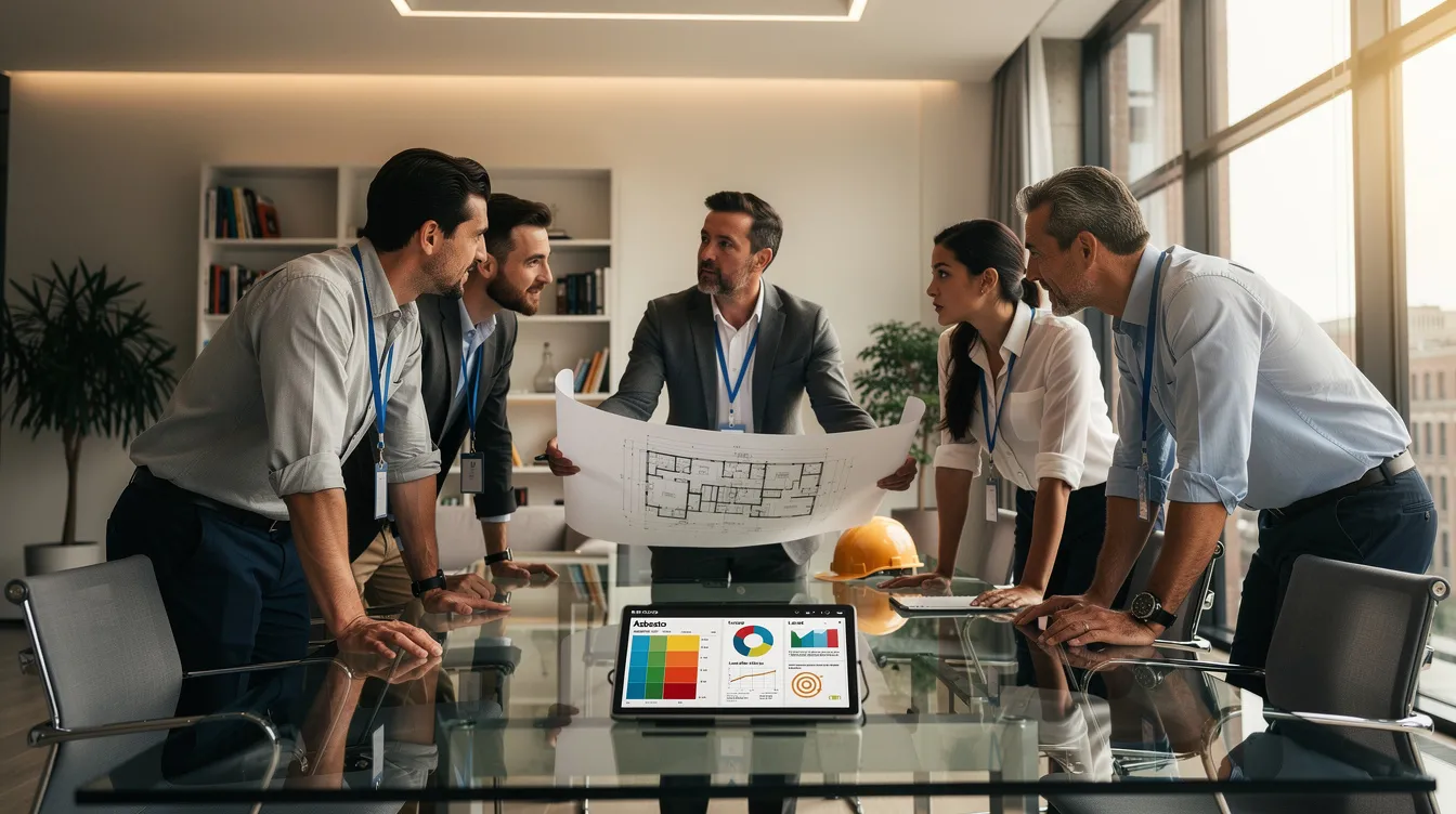 Un groupe de cinq professionnels dans un bureau moderne discutant des stratégies de rénovation du patrimoine ancien, avec des plans et des résultats de diagnostics sur un écran.