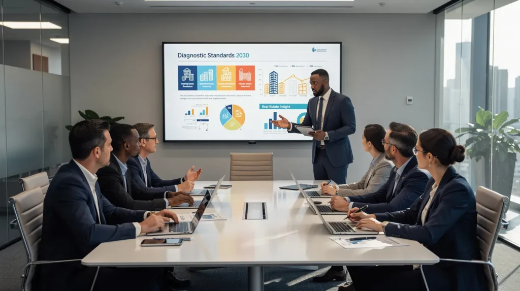 Un groupe de professionnels en salle de conférence après une table ronde sur les diagnostics immobiliers, discutant avec des ordinateurs portables et des documents, ambiance professionnelle.