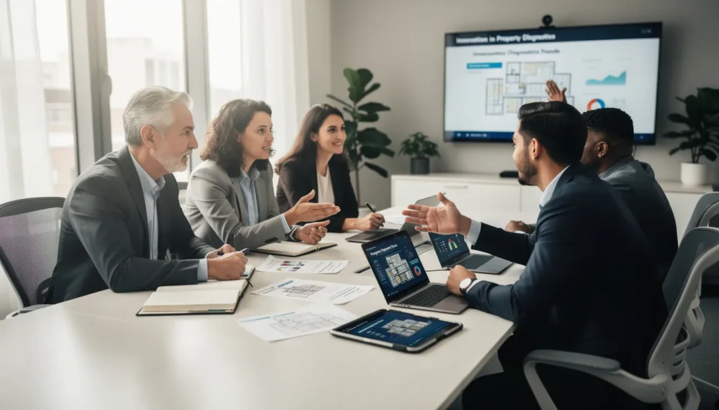 Cinq professionnels réunis autour d'une table lors d'une conférence sur les dernières tendances en diagnostic immobilier, partageant des rapports et des tablettes numériques avec des graphiques.