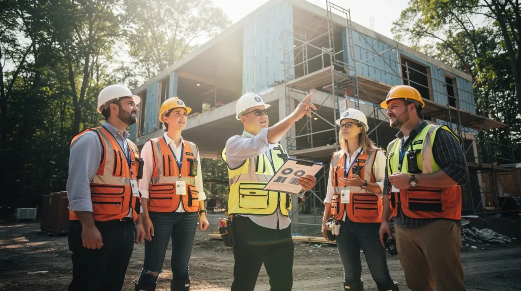 Cinq professionnels du diagnostic immobilier discutant sur un chantier, avec un bâtiment en inspection, illustrant l'importance des dépenses en formation dans le secteur.