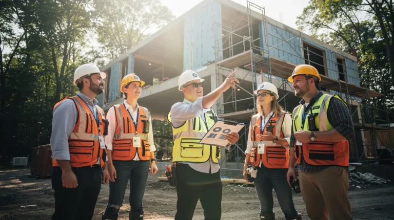 Cinq professionnels du diagnostic immobilier discutant sur un chantier, avec un bâtiment en inspection, illustrant l'importance des dépenses en formation dans le secteur.