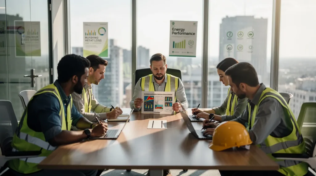 Cinq professionnels divers dans un bureau moderne discutant de diagnostics de performance énergétique avec des rapports sur la conductivité thermique.