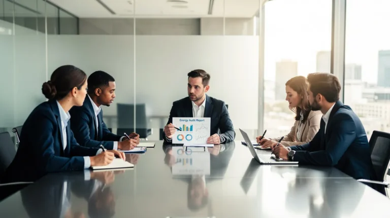 Cinq professionnels dans un bureau lumineux discutant d'analyses énergétiques autour d’une grande table avec un rapport détaillé.