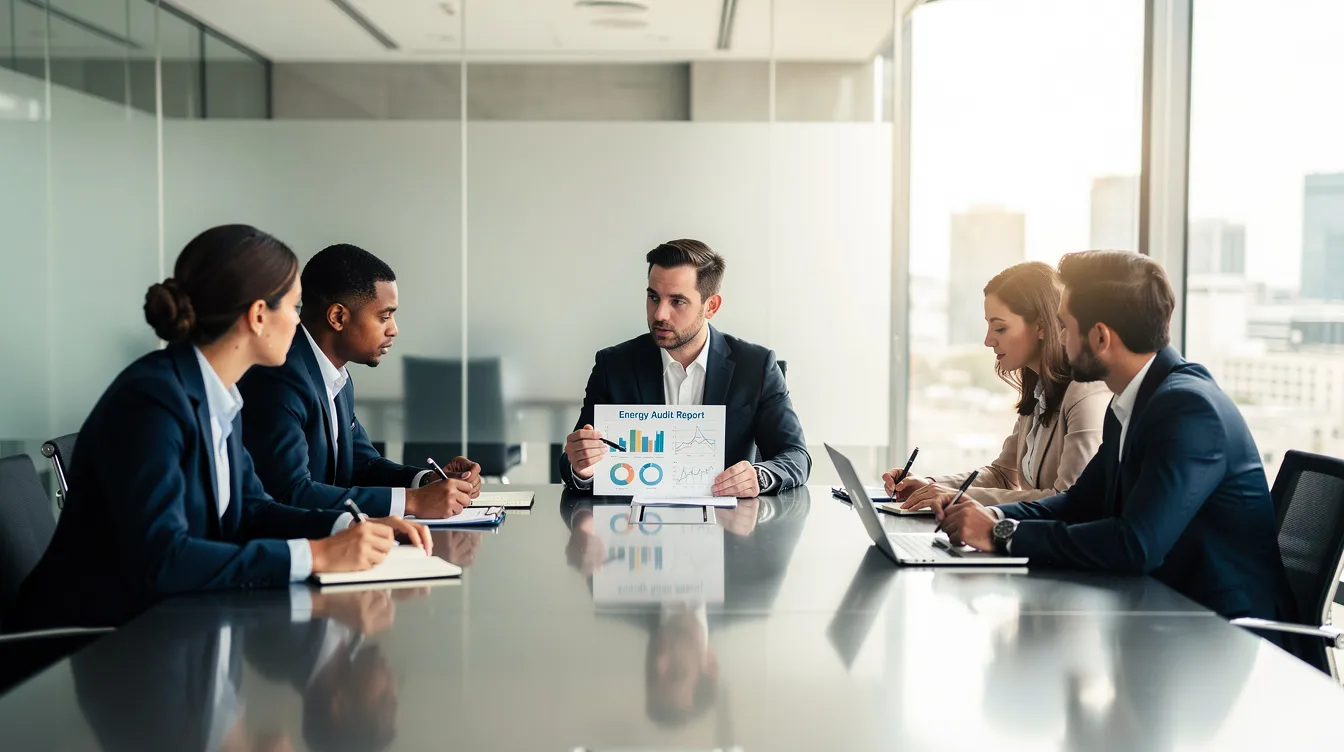 Cinq professionnels dans un bureau lumineux discutant d'analyses énergétiques autour d’une grande table avec un rapport détaillé.