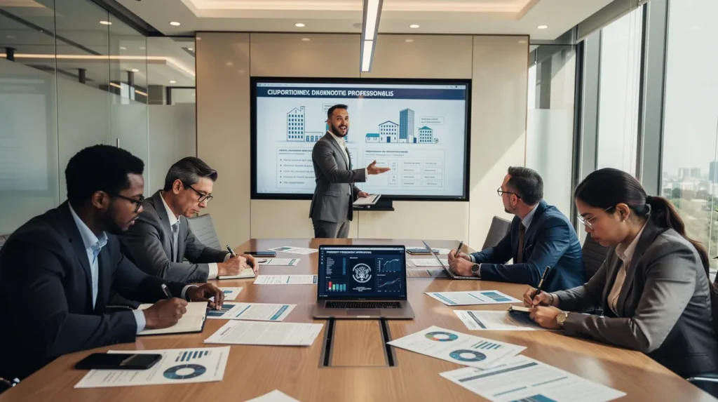 Groupe de cinq professionnels discutant dans une salle de réunion de l'importance de la collaboration entre diagnostiqueurs immobiliers et autorités administratives.