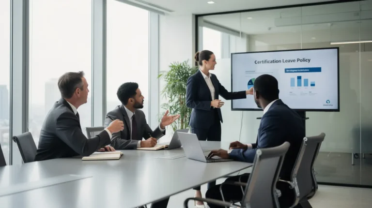 Quatre professionnels en costume discutant d'une nouvelle politique de congé de certification pour les diagnostiqueurs dans un bureau moderne.
