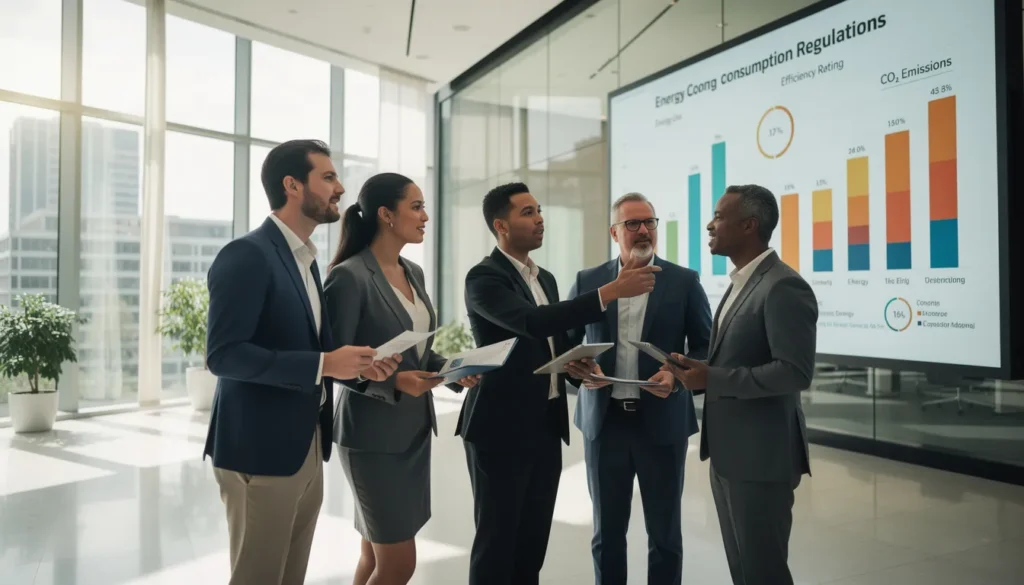 Groupe de cinq professionnels dans un bâtiment commercial moderne discutant des défis liés aux réglementations sur la consommation d'énergie, avec des documents et un graphique sur l'efficacité énergétique.