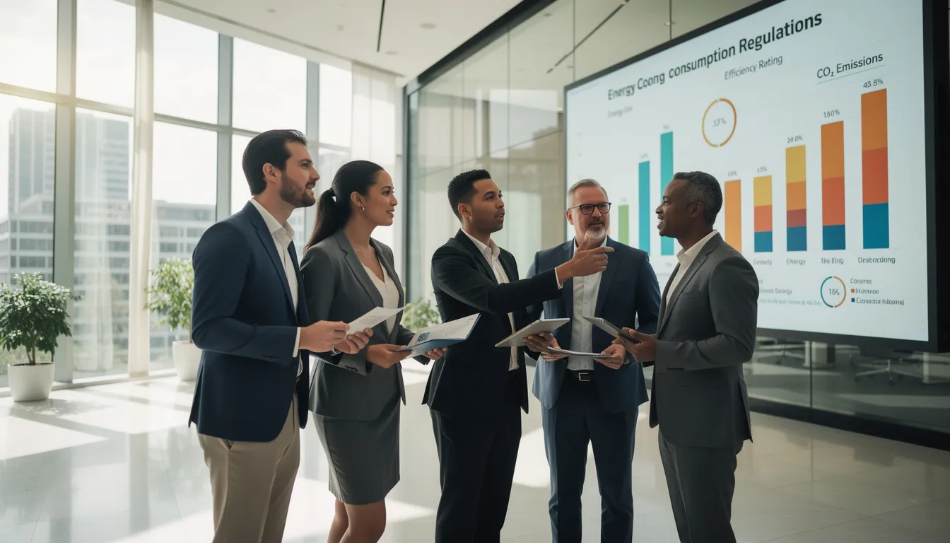 Groupe de cinq professionnels dans un bâtiment commercial moderne discutant des défis liés aux réglementations sur la consommation d'énergie, avec des documents et un graphique sur l'efficacité énergétique.