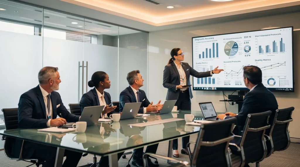 Un groupe de cinq professionnels du secteur du diagnostic immobilier discutant de la standardisation des pratiques dans un bureau moderne, avec des graphiques sur un écran.