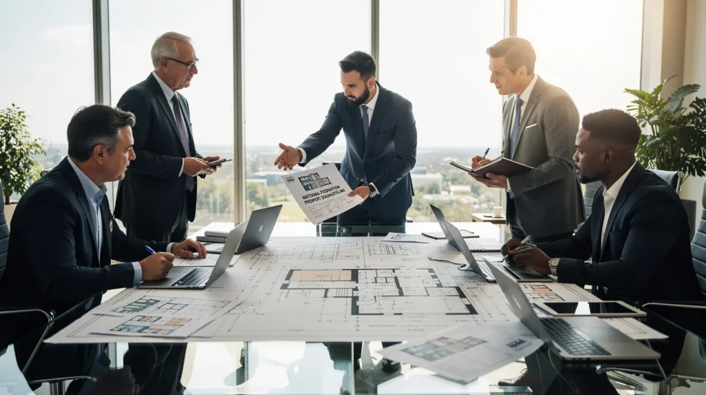 Un groupe de cinq professionnels dans un bureau moderne discutant de la nécessité d'une fédération nationale des diagnostiqueurs immobiliers autour d'une table de conférence.