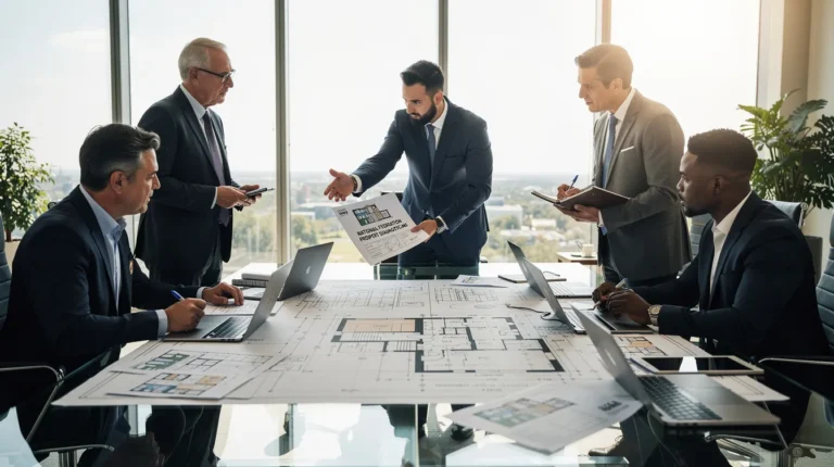 Un groupe de cinq professionnels dans un bureau moderne discutant de la nécessité d'une fédération nationale des diagnostiqueurs immobiliers autour d'une table de conférence.