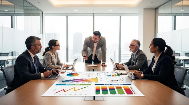 Cinq professionnels de l'immobilier se réunissant autour d'une table, examinant des rapports d'investissement et un graphique de performance énergétique dans un bureau moderne.