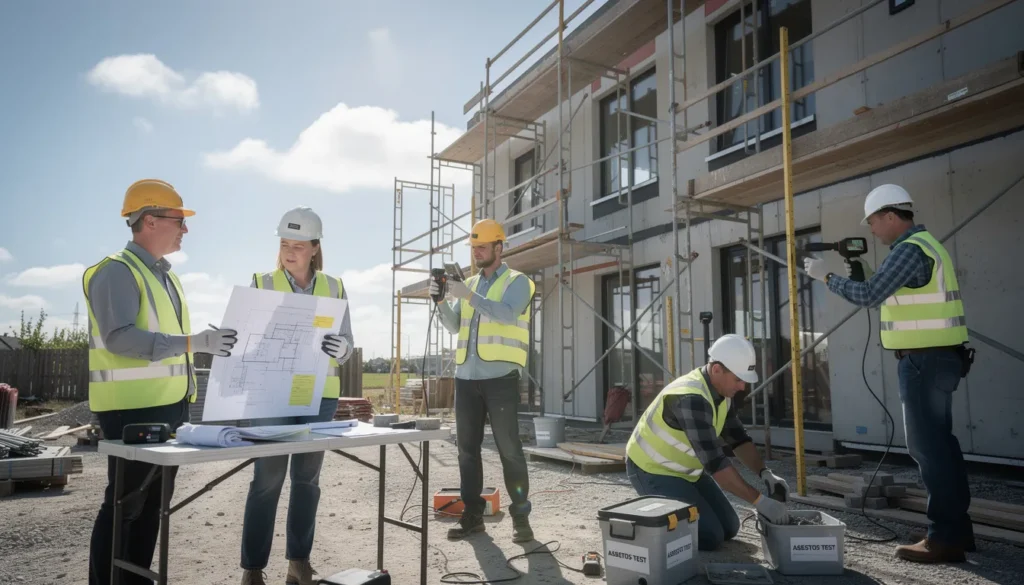 Cinq professionnels inspectant un bâtiment résidentiel pour le repérage de l'amiante, utilisant des instruments de mesure et analysant des documents sur un chantier moderne.