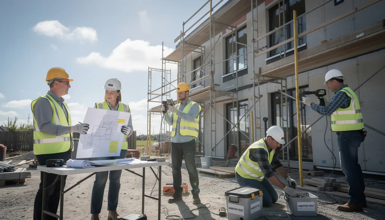 Cinq professionnels inspectant un bâtiment résidentiel pour le repérage de l'amiante, utilisant des instruments de mesure et analysant des documents sur un chantier moderne.