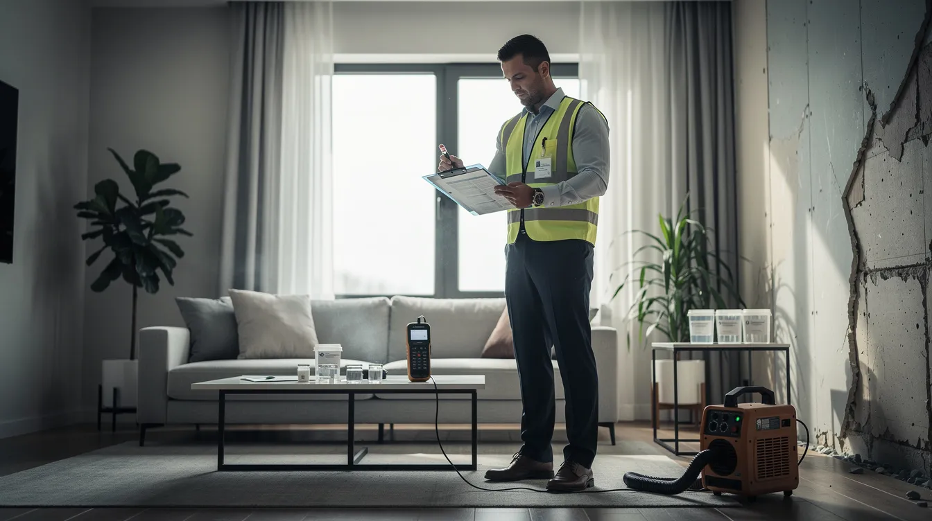 Un inspecteur immobilier évaluant un appartement pour détecter d'éventuels risques, avec un climat professionnel et moderne, mettant en avant l'importance des diagnostics.