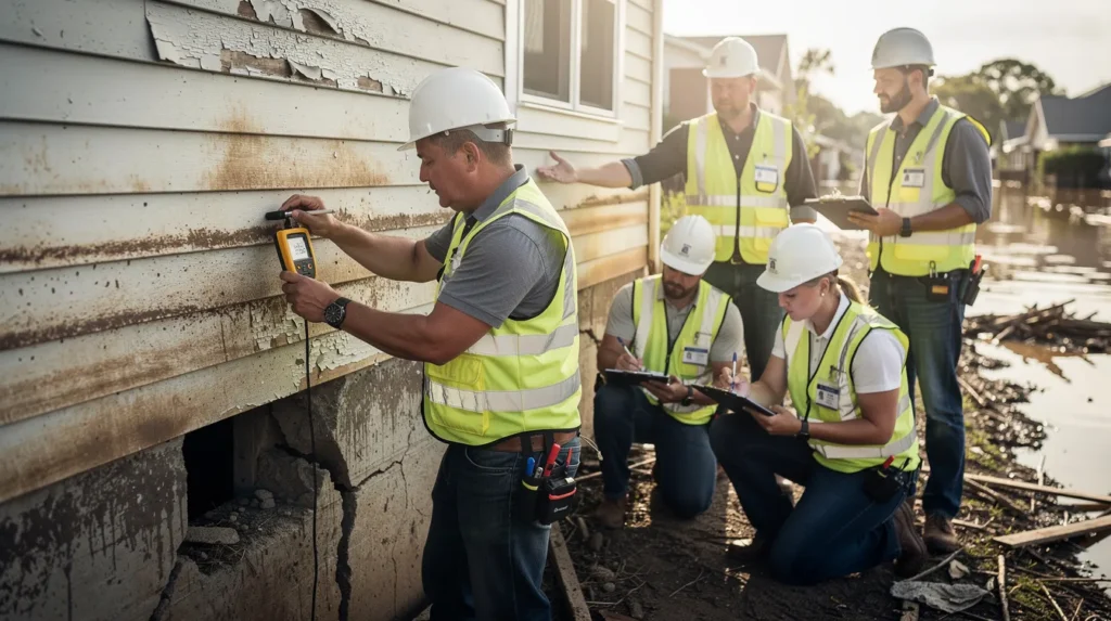 Groupe de cinq professionnels inspectant un bâtiment résidentiel touché par une inondation, discutant des mesures de diagnostic dans un environnement réaliste.