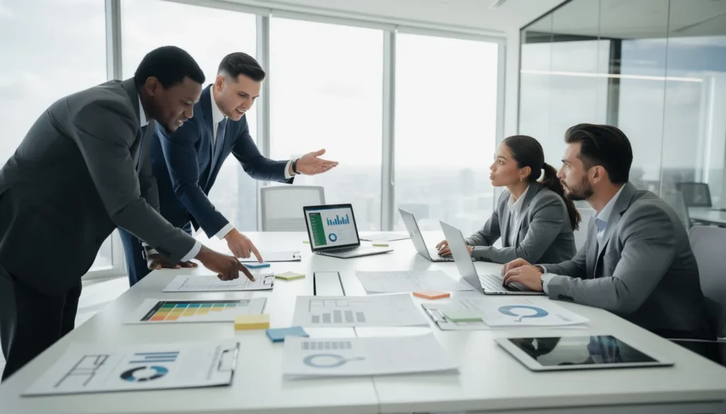 Cinq professionnels en train de réaliser une inspection dans un bureau moderne, examinant des documents relatifs aux diagnostics énergétiques et aux réglementations sur les Certificats d'Économies d'Énergie.