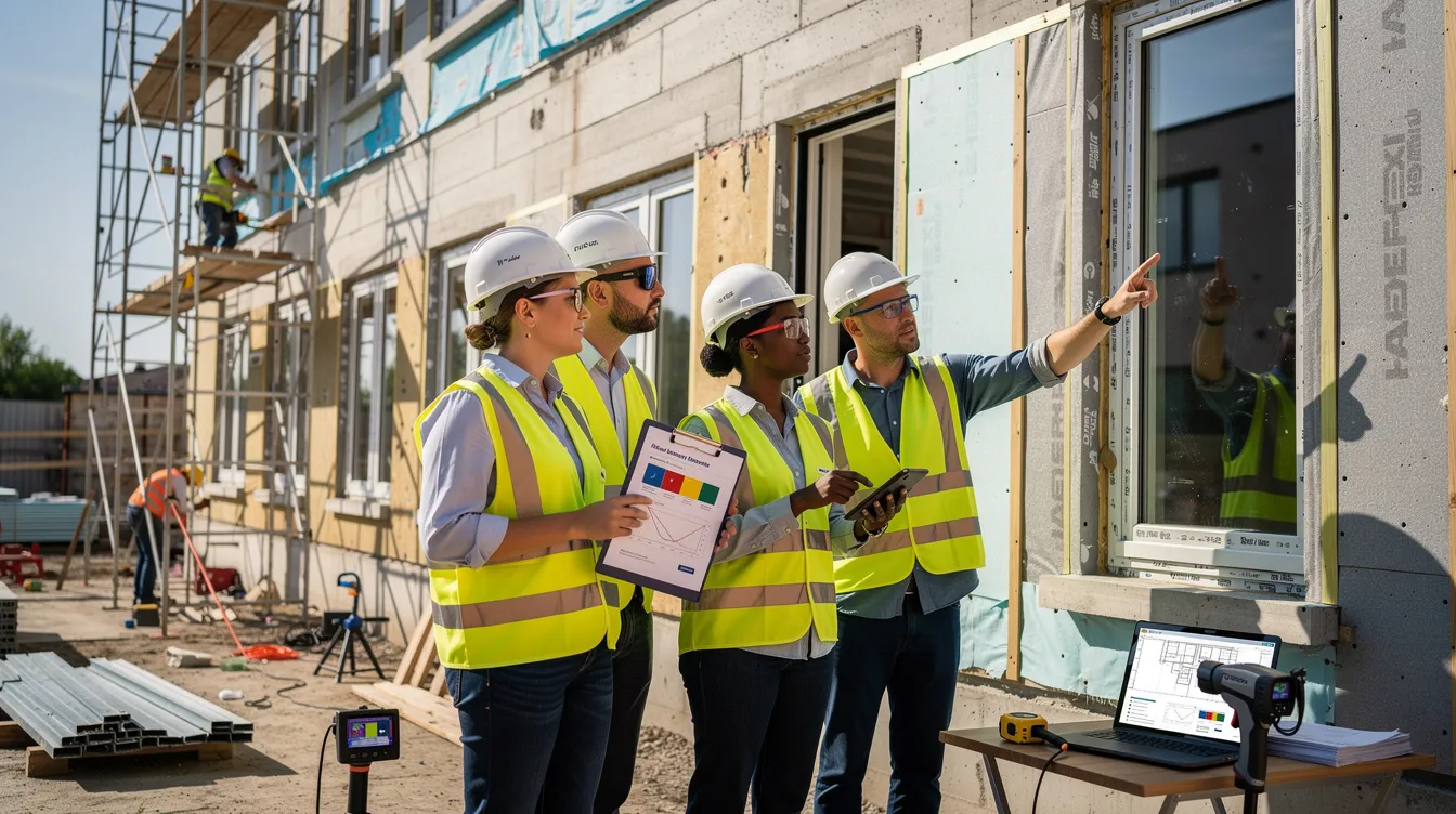 Un groupe de cinq professionnels sur un chantier inspectant l'extérieur d'un bâtiment et discutant des améliorations de performance énergétique nécessaires.