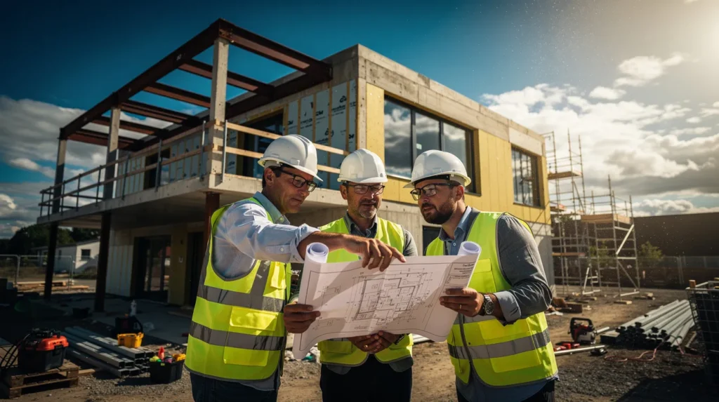 Quatre professionnels sur un chantier inspectant une extension de bâtiment récemment construite pour la conformité aux réglementations RE2020.