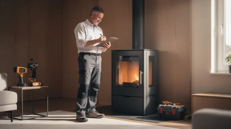 Un expert inspectant une installation de poêle à bois lors d'une inspection de rénovation énergétique dans une maison, prenant des notes sur un clipboard.
