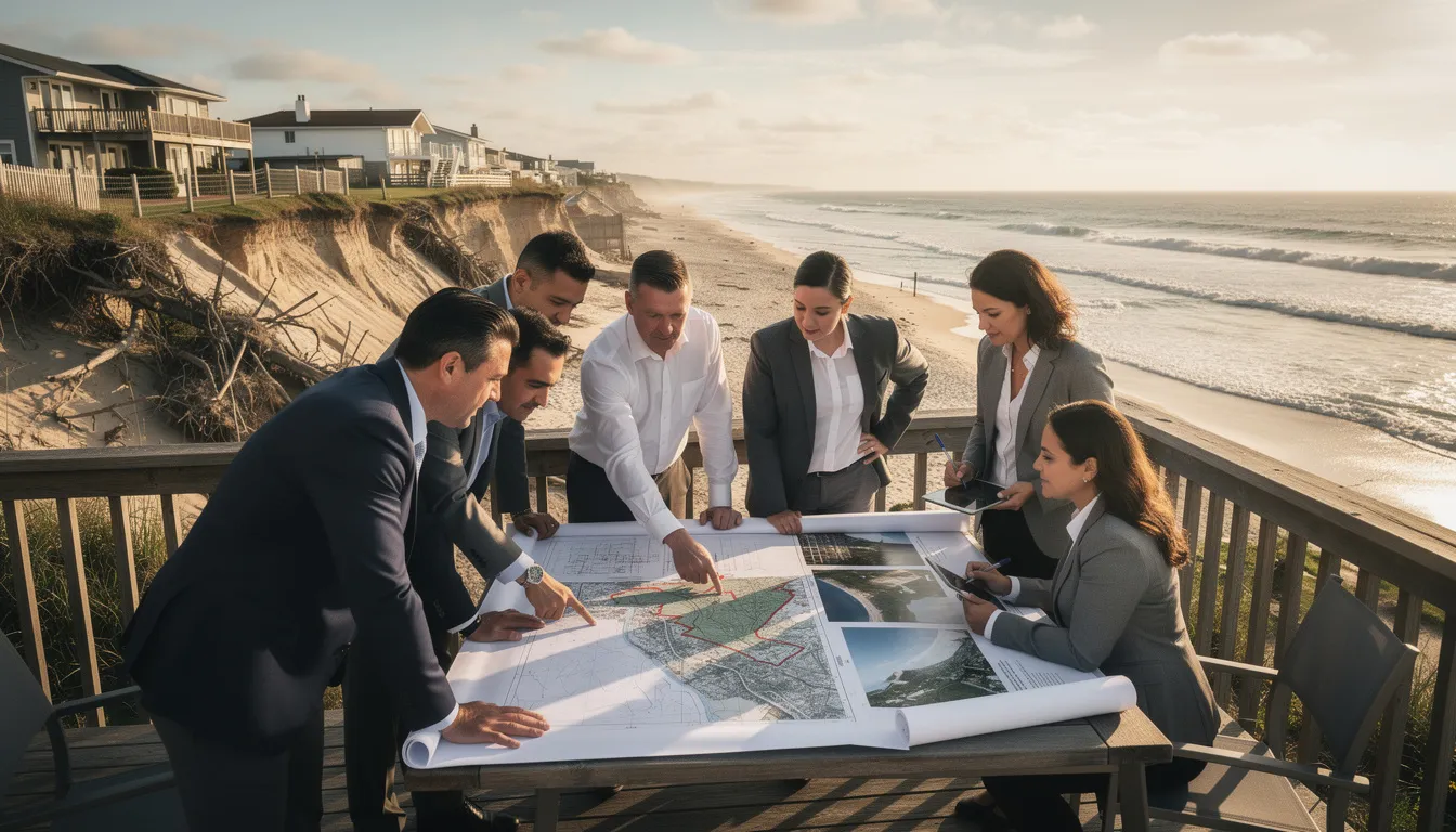 Un groupe de professionnels inspectant une propriété côtière touchée par le recul du trait de côte avec des plans et des cartes, dans un environnement lumineux et dynamique.