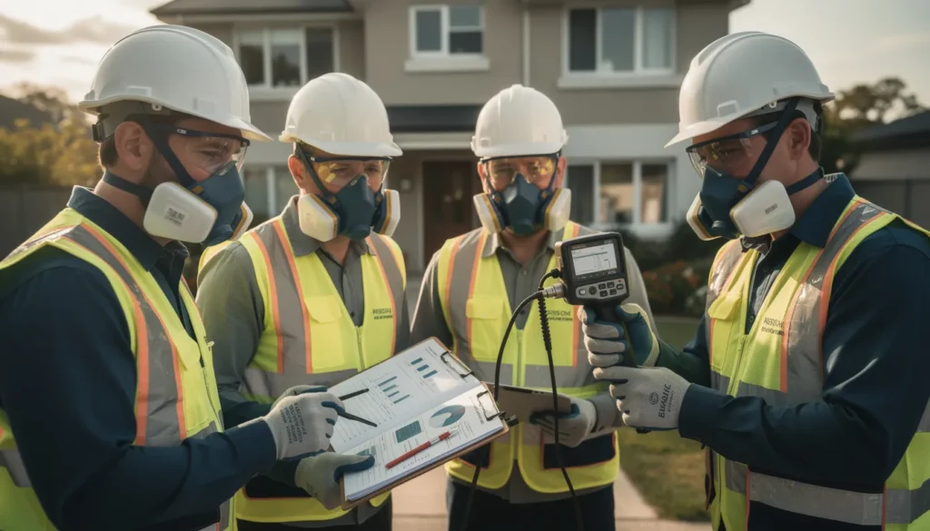 Cinq professionnels en équipement de sécurité examinant un bâtiment résidentiel lors d'un diagnostic amiante, avec rapport d'inspection et équipements de test.