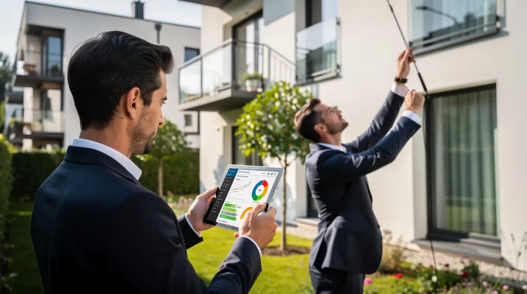 Deux professionnels en tenue habillée inspectant un bâtiment résidentiel pour un diagnostic de performance énergétique, avec une tablette et une architecture moderne en arrière-plan.