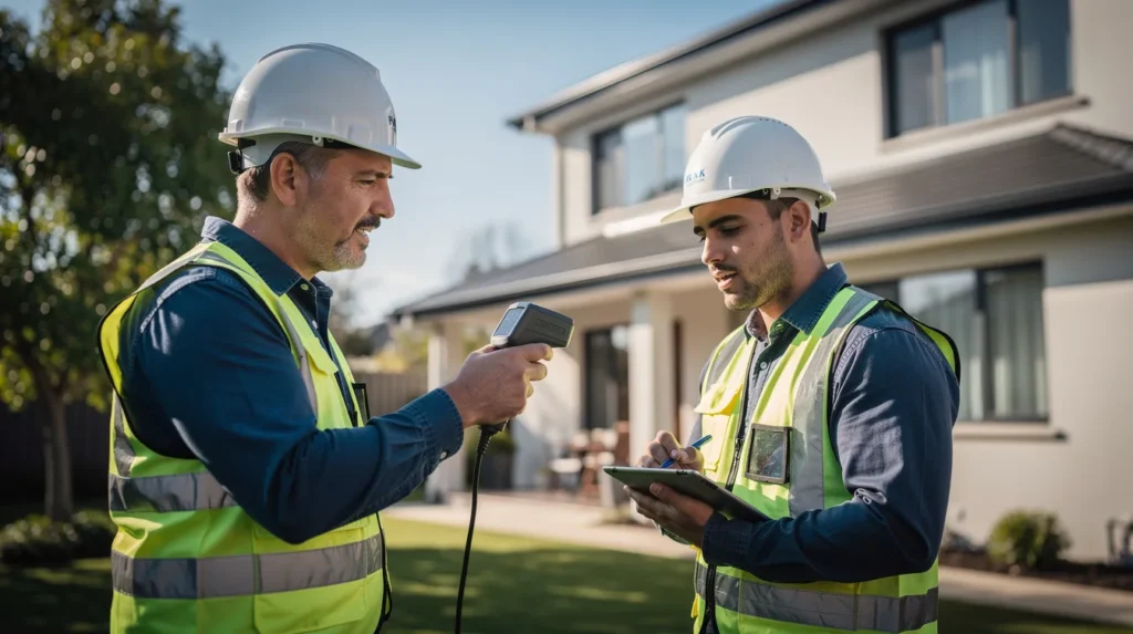 Deux professionnels en tenue de sécurité inspectant un bâtiment résidentiel pour un diagnostic de performance énergétique, avec un appareil de mesure numérique.