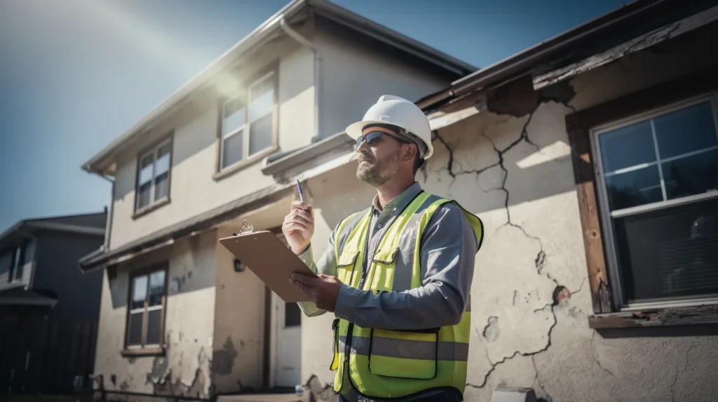 Un expert inspectant minutieusement un immeuble résidentiel, prenant des notes sur un clipboard pour un diagnostic technique global, dans une ambiance lumineuse et professionnelle.
