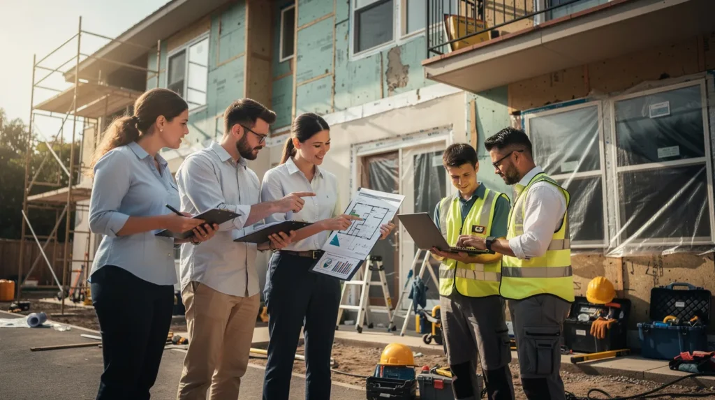 Cinq professionnels en train d'inspecter un immeuble résidentiel pour des évaluations de diagnostics immobiliers concernant la performance énergétique, l'amiante et le plomb.