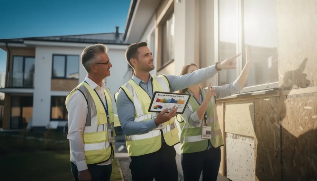 Trois experts en inspection énergétique évaluant un bâtiment résidentiel, utilisant une tablette pour analyser la performance énergétique et discutant de leurs constatations.