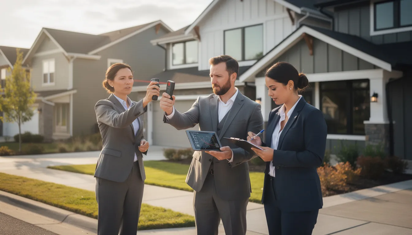 Trois professionnels effectuant une inspection d'un bien immobilier, utilisant un mètre laser pour évaluer la superficie dans un cadre résidentiel bien éclairé.