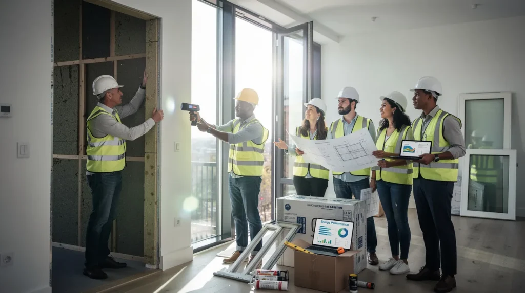 Un groupe diversifié de professionnels inspectant un bâtiment résidentiel récemment rénové pour l'évaluation de la performance énergétique, utilisant des outils et des documents dans un environnement moderne, bien éclairé.