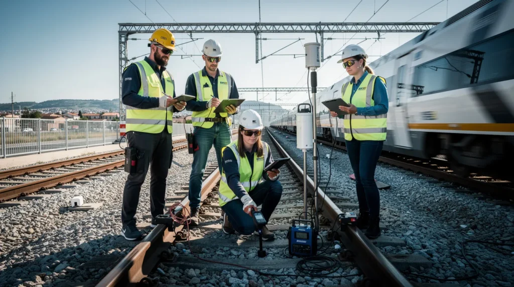 Quatre professionnels en tenue de sécurité inspectant un site ferroviaire pour le repérage de plomb près de Toulouse, avec des trains en arrière-plan et un équipement spécialisé en action.