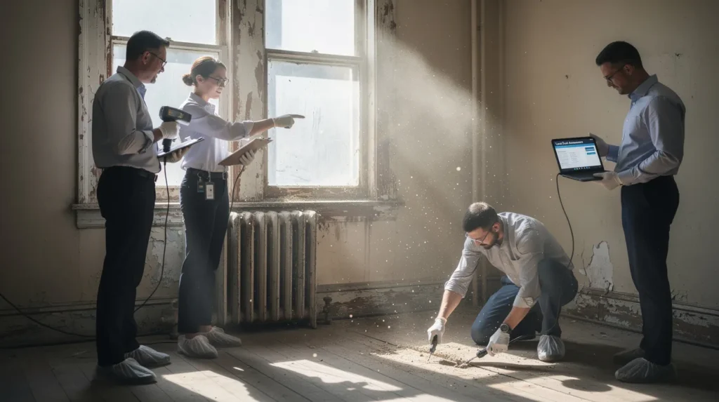 Quatre experts en inspection de bâtiment évaluant la contamination par le plomb dans une propriété résidentielle, avec des outils spécialisés et de la lumière naturelle créant une atmosphère sérieuse et professionnelle.