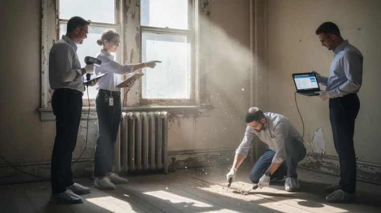 Quatre experts en inspection de bâtiment évaluant la contamination par le plomb dans une propriété résidentielle, avec des outils spécialisés et de la lumière naturelle créant une atmosphère sérieuse et professionnelle.