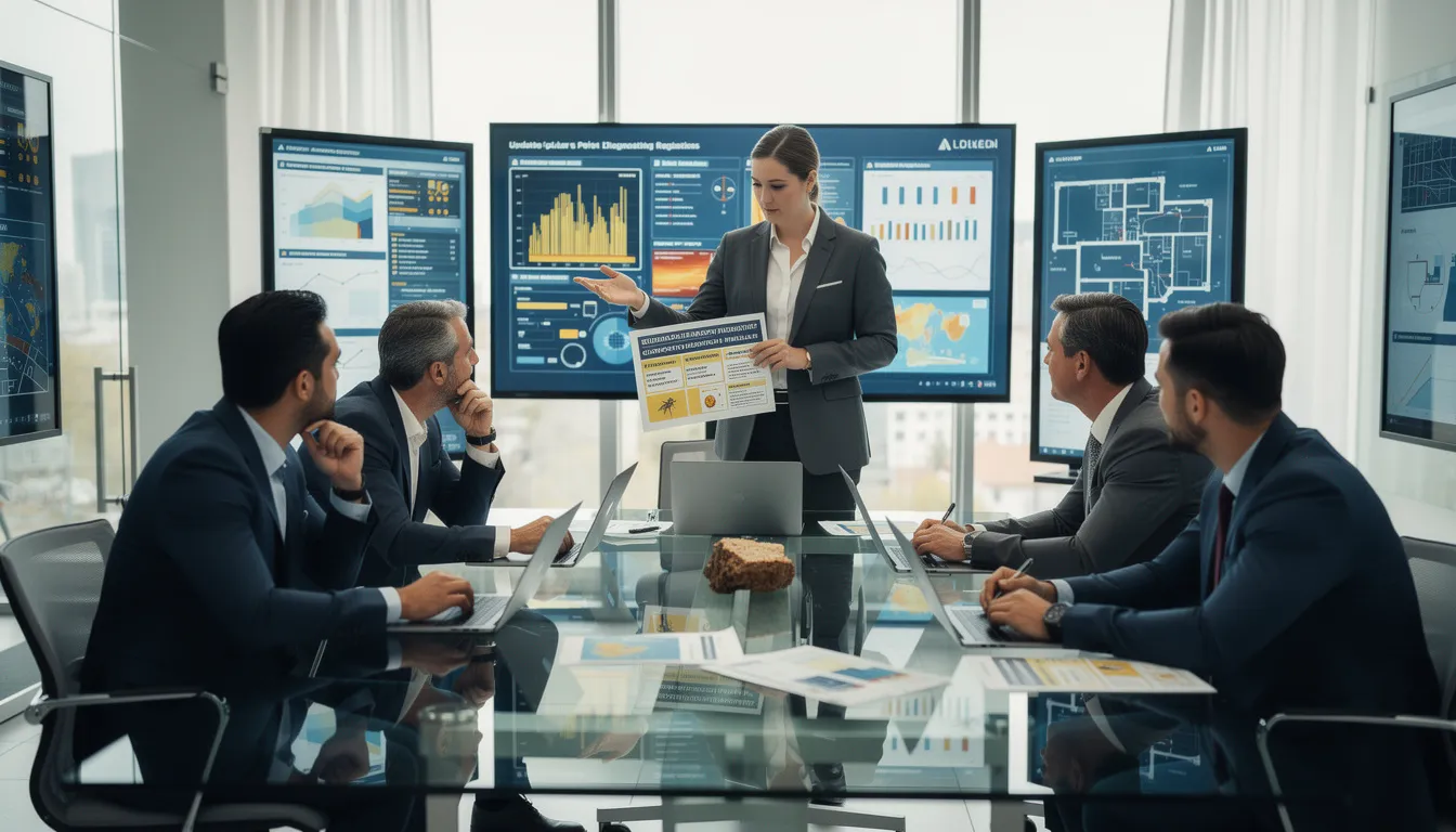 Cinq professionnels dans un bureau lumineux discutant des mises à jour des normes sur le diagnostic parasitaire, mettant l'accent sur les termites et la mérule dans une ambiance collaborative.